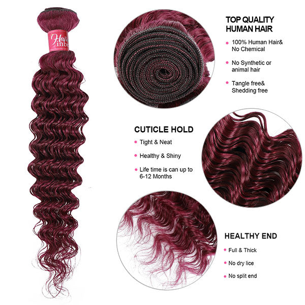 99J Burgundy Human Hair Bundles With Closure Deep Wave Hair Closure With 3 Bundles Brazilian Hair