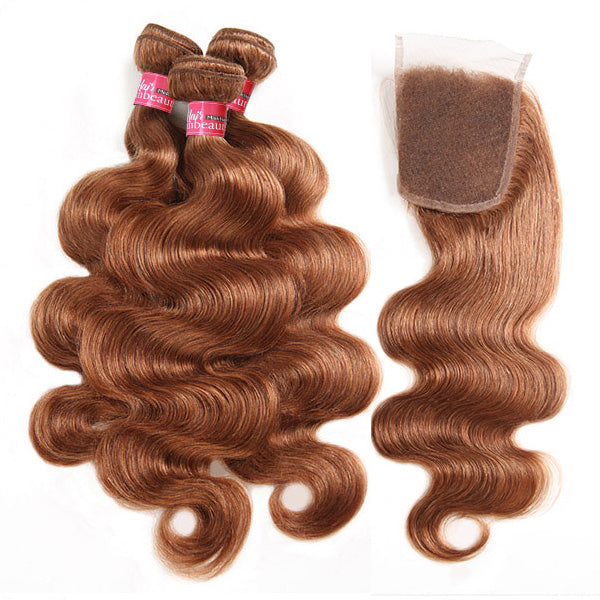 Brazilian Hair 4# Body Wave 3 Bundles With Lace Closure Colored Human Hair