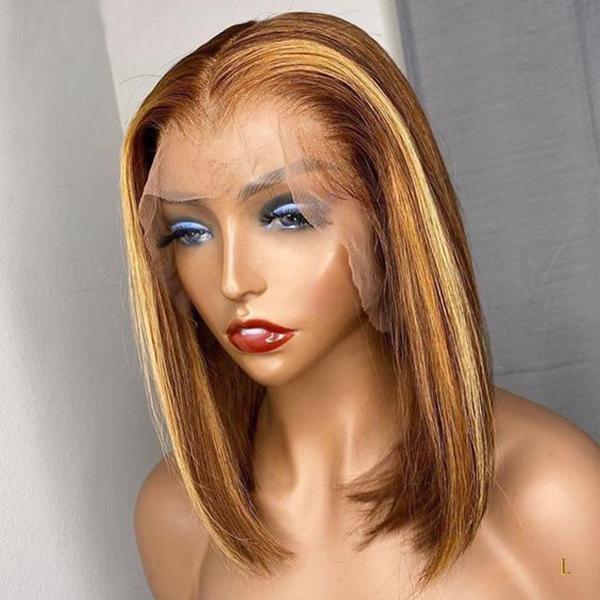 Honey Blonde Highlights Short Bob Lace Wig Straight Hair Glueless Human Hair Bob Wigs Pre Plucked