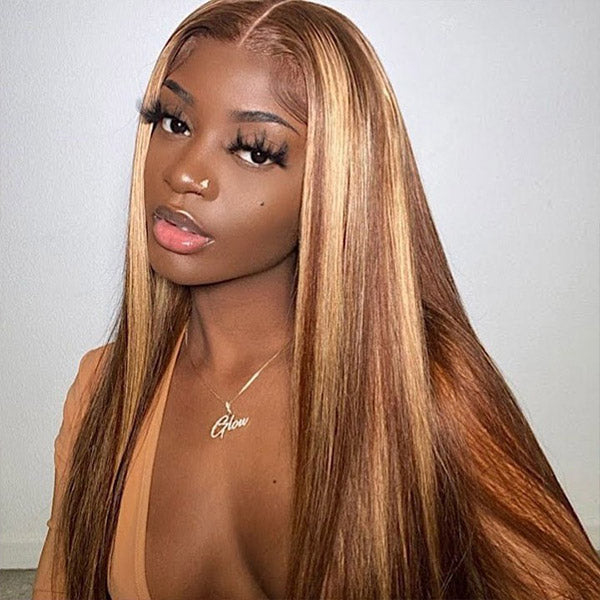 Ready Go Highlight Honey Blonde Glueless Lace Wig Straight Human Hair Wig 13x4 HD Lace Front Wig