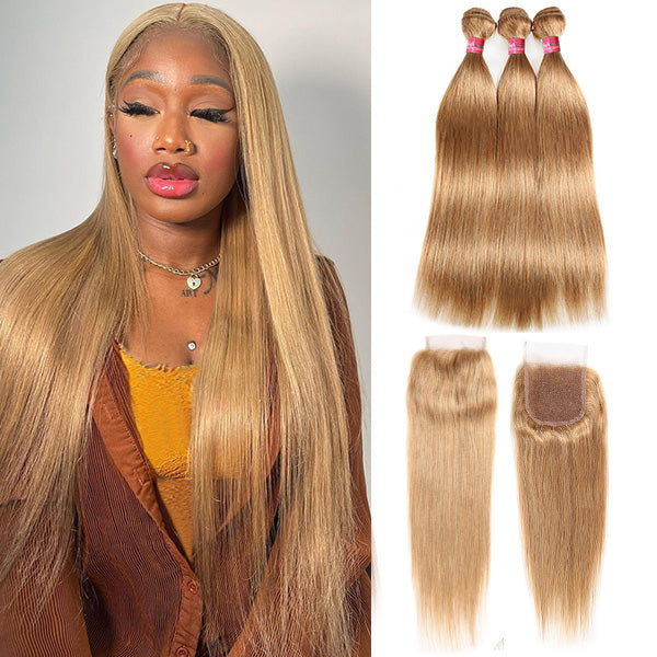 27# Honey Blonde Hair Bundles With Closure Brazilian Straight Human Hair 3 Bundles With HD Lace Closure