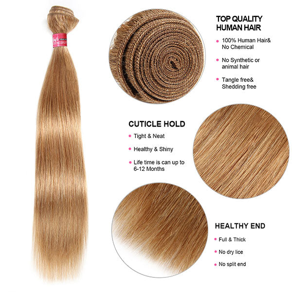 27# Honey Blonde Hair Bundles With Closure Brazilian Straight Human Hair 3 Bundles With HD Lace Closure