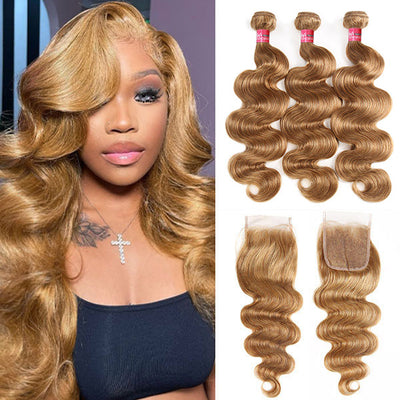 Brazilian Hair Bundles With Closure 27# Colored Body Wave Human Hair 3 Bundles With HD Closure With Baby Hair