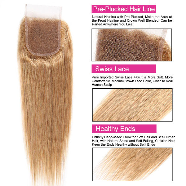 27# Honey Blonde Hair Bundles With Closure Brazilian Straight Human Hair 3 Bundles With HD Lace Closure