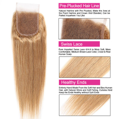 27# Honey Blonde Hair Bundles With Closure Brazilian Straight Human Hair 3 Bundles With HD Lace Closure