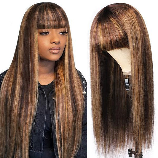 P Color 4/27 Ombre Brazilian Human Hair Wigs With Bangs No Lace Wigs Machine Made Straight Hair Wigs With Bangs