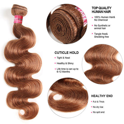 Brazilian Hair 4# Body Wave 3 Bundles With Lace Closure Colored Human Hair