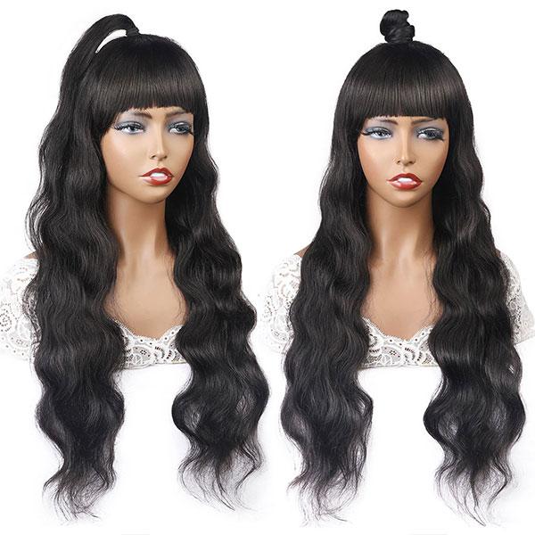 Long Hair Machine Made Wig With Bangs ,Silky Straight Body Wave Wigs Natural Color Without Lace