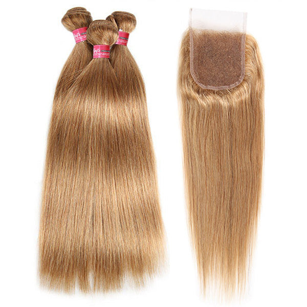 27# Honey Blonde Hair Bundles With Closure Brazilian Straight Human Hair 3 Bundles With HD Lace Closure