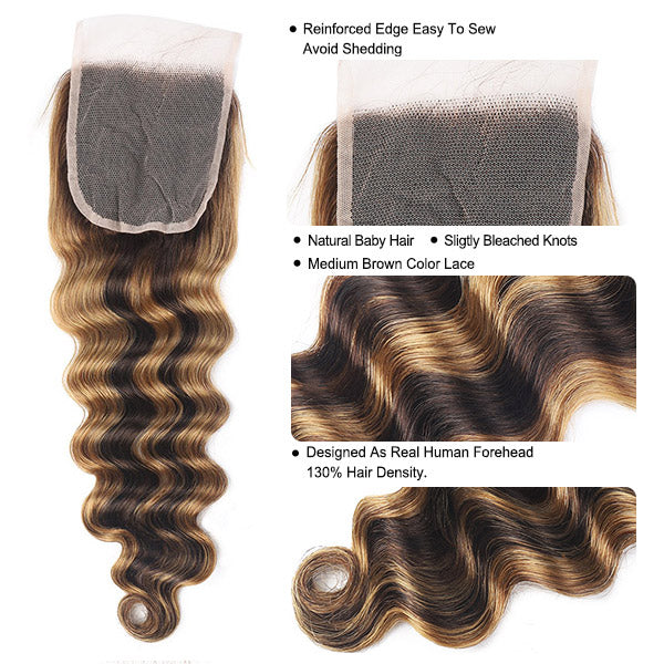 Colored P4/27 Highlight Body Wave Human Hair 3 Bundles with 4x4 Lace Closure