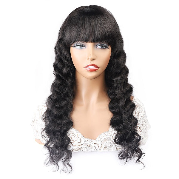 Machine Made Virgin Human Hair Wig Loose Deep Wave Glueless Wig With Bangs