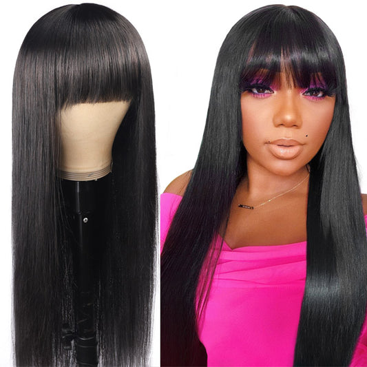 Machine Made Virgin Hair Wig Silky Straight Glueless Wig With BangsNew Arrival Machine Made Wig Virgin Straight Glueless Human Hair Wig With Neat Bangs 