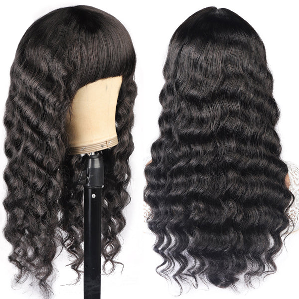 Machine Made Virgin Human Hair Wig Loose Deep Wave Glueless Wig With Bangs