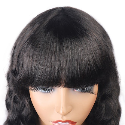 Machine Made Virgin Human Hair Wig Loose Deep Wave Glueless Wig With Bangs