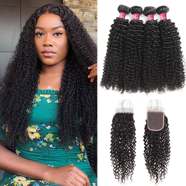 Mongolian Jerry Curly 4 Bundles With Lace Closure Virgin Human Hair Bundles Pack