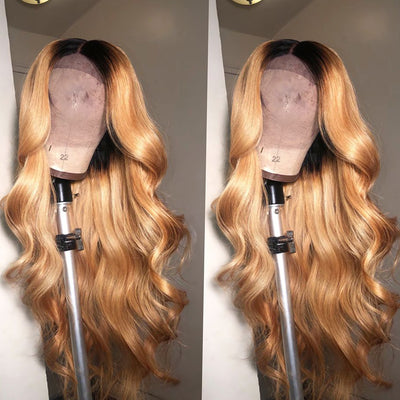 Honey Blonde 1B/27 Body Wave Lace Front Wig Ombre Full Lace Human Hair Wig Colored Frontal Wigs