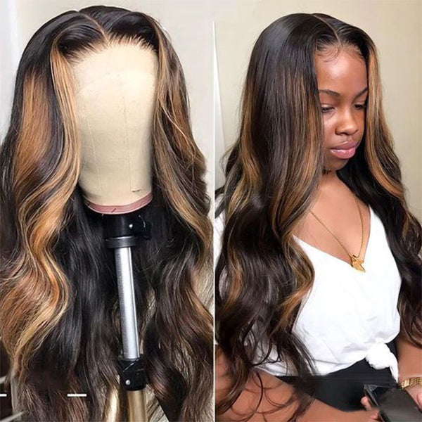 Honey Blonde Highlights Wigs 5x5 Lace Wig Body Wave Human Hair Wigs Glueless Wigs
