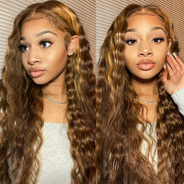 Honey Blonde Highlights Deep Wave 13x4 Lace Front Human Hair Wigs 150% Density P4/27 Color Glueless Wigs