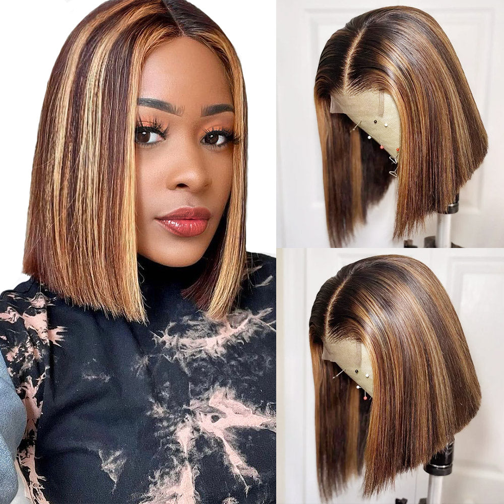 Highlight Short Straight Bob Wig 4/27 Ombre 4*4 Lace Wig