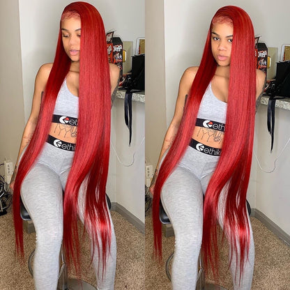 Red Colored 13x4 Lace Frontal Wig 32 Inch Straight Human Hair Wig Undetectable Invisible Ready To Wear Lace Wigs