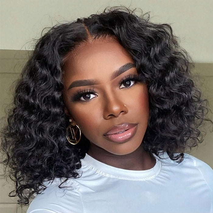 Glueless Deep Wave Wig 250% Density 13x4 HD Lace Front Wig 14 Inch Short Bob Wig Deep Curly Wigs