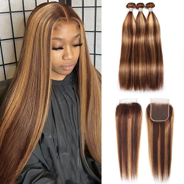 Highlight Straight Hair 3 Bundles With Closure Virgin Human Hair Bundles Pack