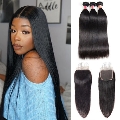 Indian Hair Straight Hair With 4*4 Lace Closure 100% Unprocessed Human Hair