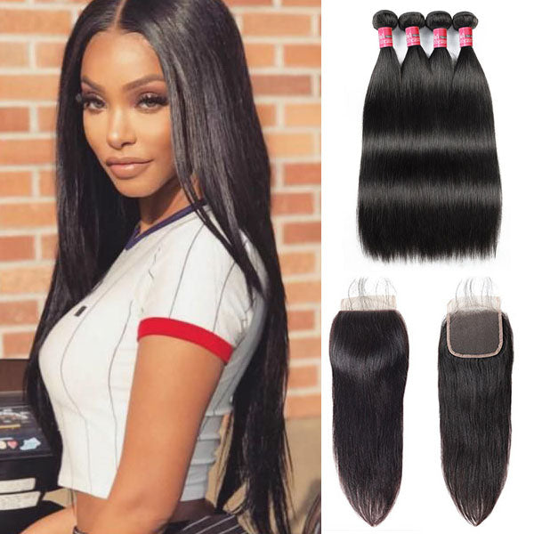 Brazilian Silky Straight Hair With 4*4 Lace Closure 100% Unprocessed Human Hair Extension