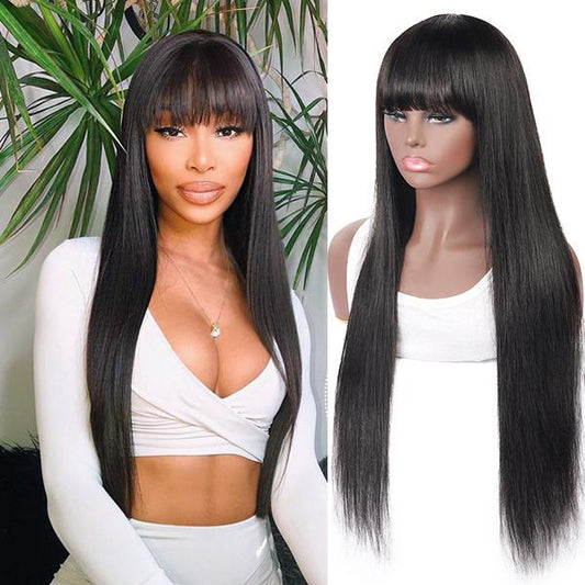 Long Hair Machine Made Wig With Bangs ,Silky Straight Body Wave Wigs Natural Color Without Lace