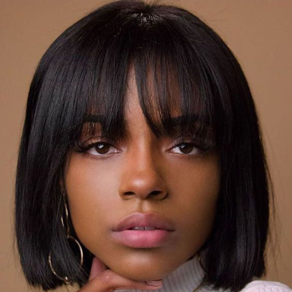 Bob Short Straight Human Hair Wigs With Bangs ,Without Lace Wigs For Black Women