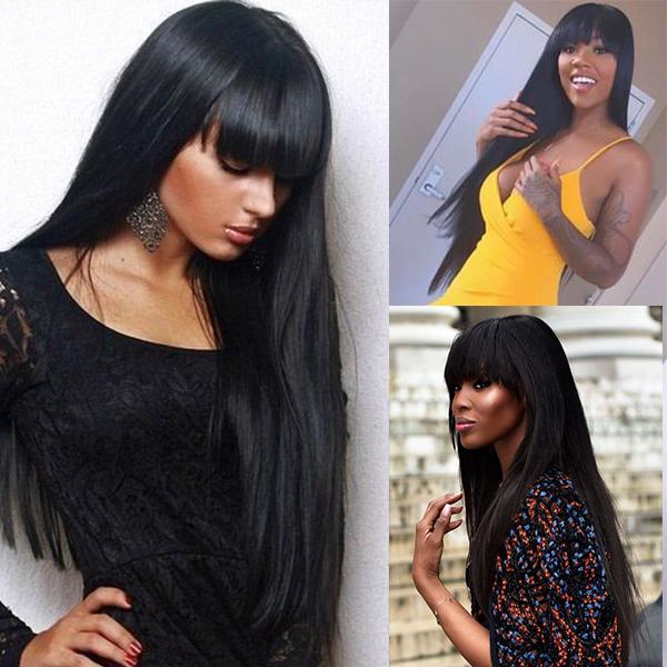 Long Hair Machine Made Wig With Bangs ,Silky Straight Body Wave Wigs Natural Color Without Lace