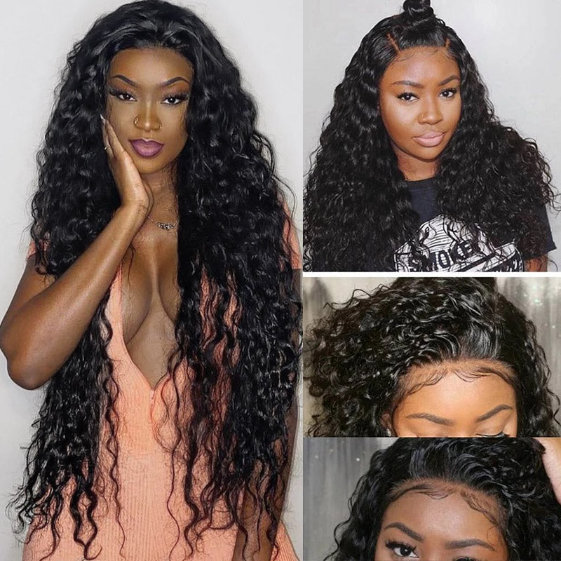 Water Wave HD Lace Closure Wigs 4x4 Transparent Lace Wigs No Glue Human Hair Pre-Cut Glueless Wigs