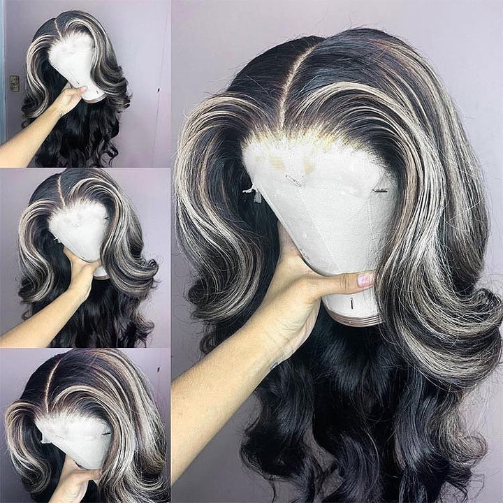30 Inch Grey And Black Hair 13x4 Body Wave Lace Front Wig Black with Gray Human Hair Glueless Wig