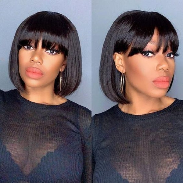 Bob Short Straight Human Hair Wigs With Bangs ,Without Lace Wigs For Black Women