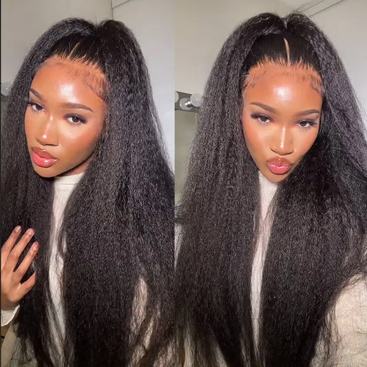 Glueless Wear and Go Wigs Yaki Straight 13x4 Lace Frontal Wig Pre-cut Kinky Straight Human Hair Wig