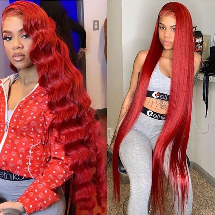 Red Lace Front Wig Wear Go 13x4 Lace Frontal Wig 32 Inch Straight Human Hair Wig Undetectable Invisible Lace Wigs Pre-cut
