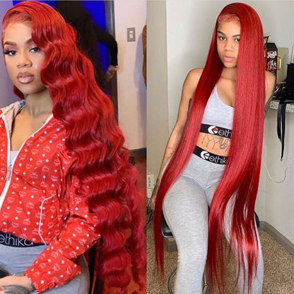 Red Colored 13x4 Lace Frontal Wig 32 Inch Straight Human Hair Wig Undetectable Invisible Ready To Wear Lace Wigs