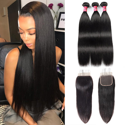 Overnight Shipping Brazilian Straight Hair 3 Bundles with 4x4 Lace Closure Human Hair